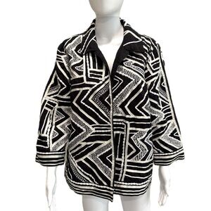 Chico's Ribbon Trim Embroidered Collared Jacket Size 3 XL Geometric Cotton Linen